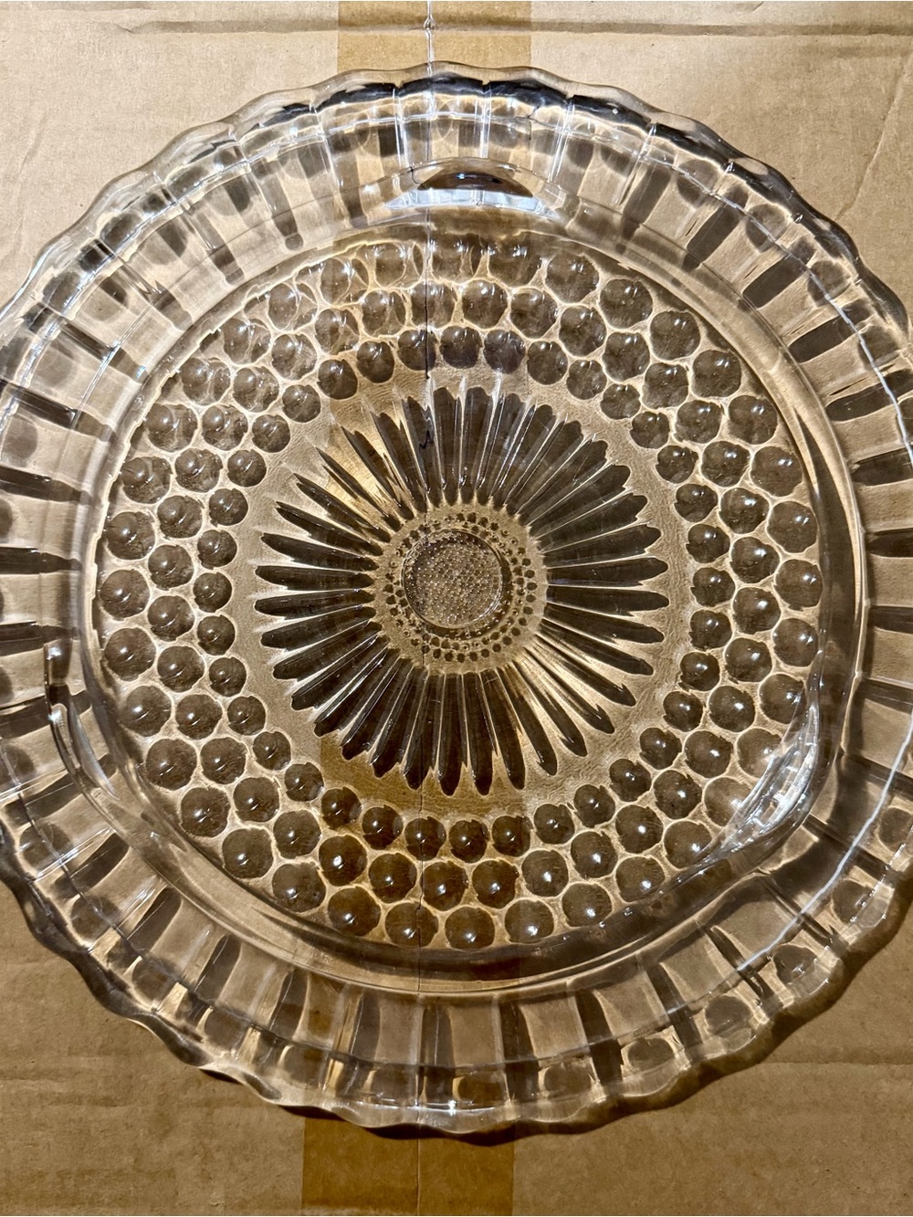 Vintage Clear Pressed Glass Scalloped Serving Plate Sunburst Hobnail Design
